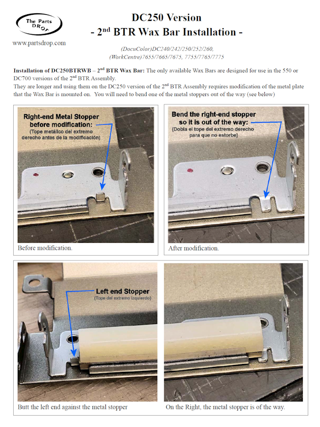 Installation instructions for wax bar in DC250 version of 2nd BTR